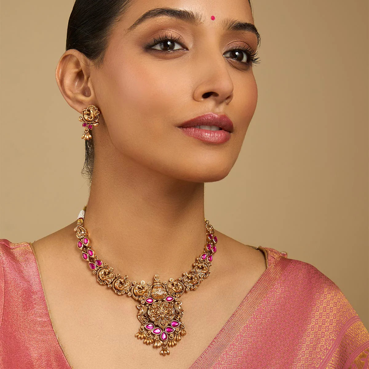 Pink Stone with Antique Laxmi temple Necklace