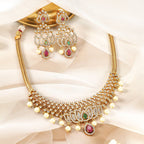Gold-Plated Ruby, Emerald & CZ Studded Lotus Motif Jewellery Set with Pearl Drop