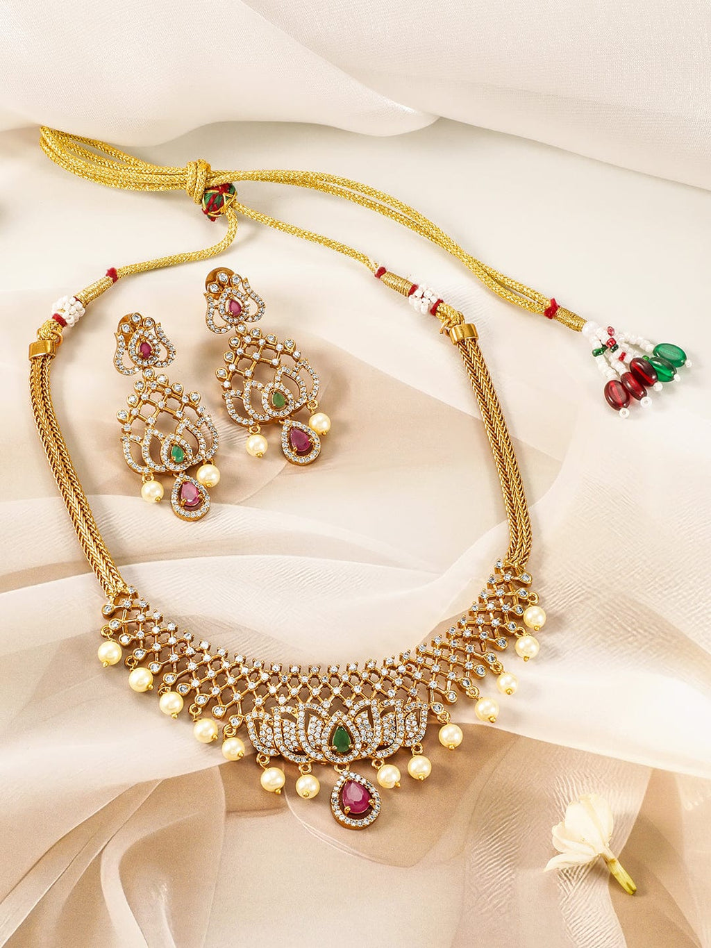 Gold-Plated Ruby, Emerald & CZ Studded Lotus Motif Jewellery Set with Pearl Drop