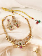 Gold-Plated Ruby, Emerald & CZ Studded Lotus Motif Jewellery Set with Pearl Drop