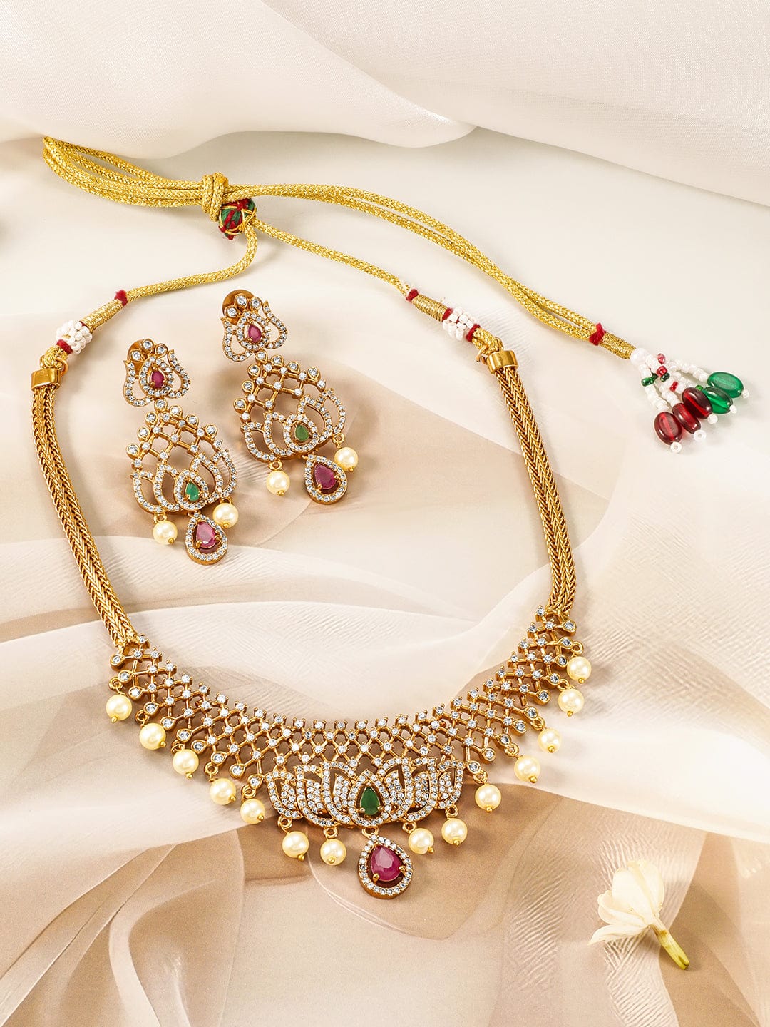 Gold-Plated Ruby, Emerald & CZ Studded Lotus Motif Jewellery Set with Pearl Drop
