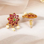 Gold-Plated Ruby Pink & Emerald Kundan Studded Choker set with Pearl Accents