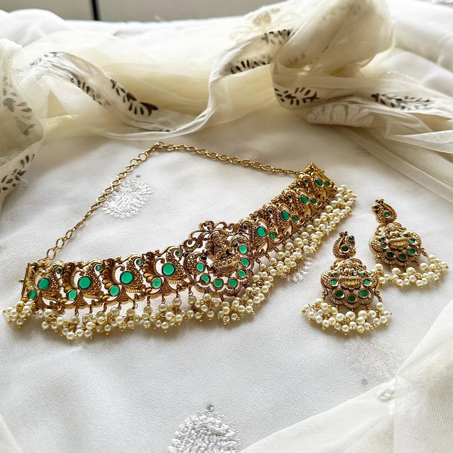 Antique matte Lakshmi Peacock choker set - Green