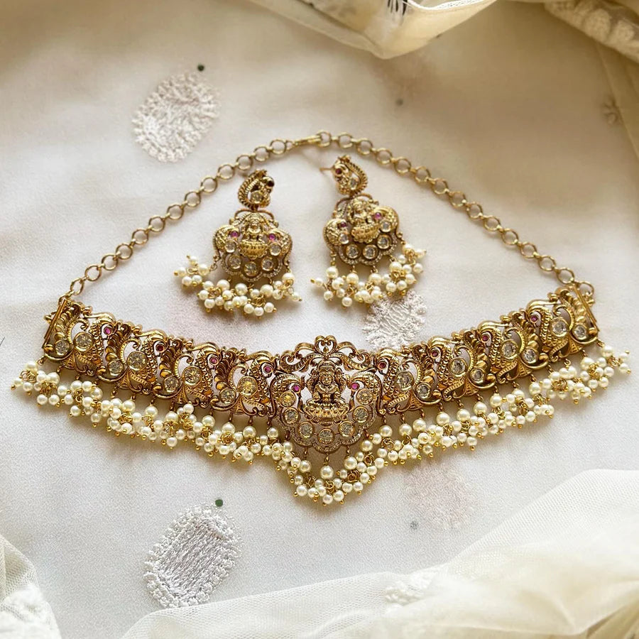 Antique matte Lakshmi Peacock choker set - White
