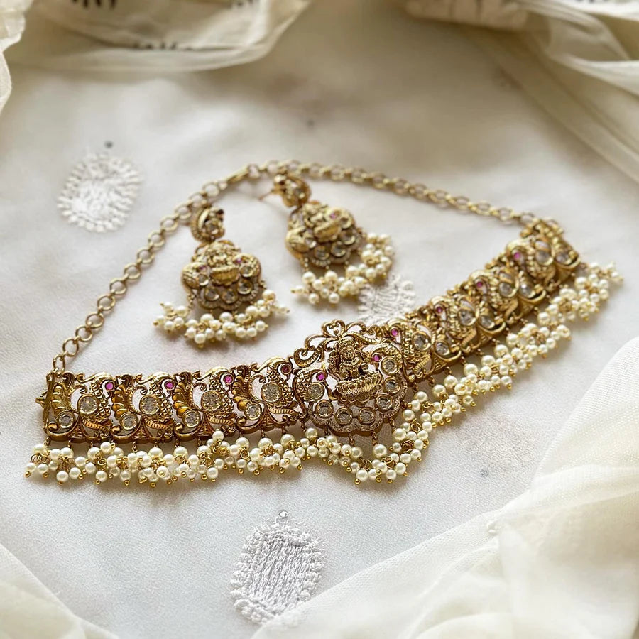 Antique matte Lakshmi Peacock choker set - White