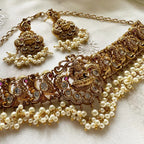 Antique matte Lakshmi Peacock choker set - White