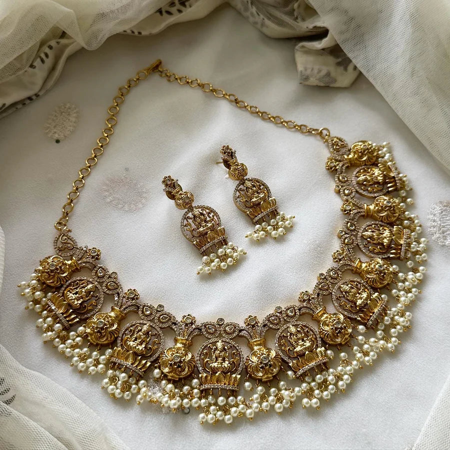 Antique white CZ laxmi flower pot  short set