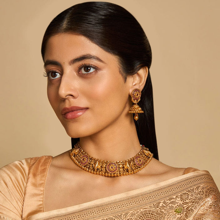 Antique Gold Stone Ethnic Temple Necklace