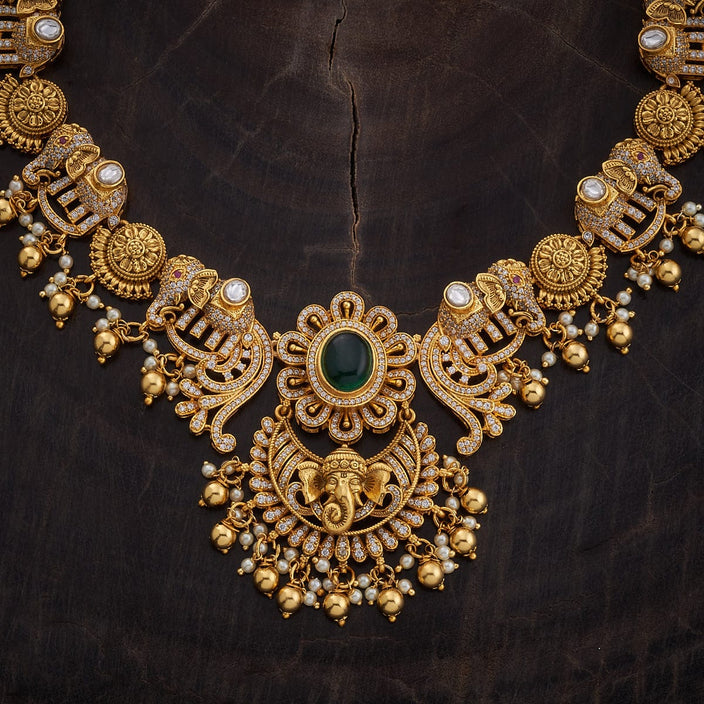 Elephant Motif Antique Gold Finish Short Necklace Set