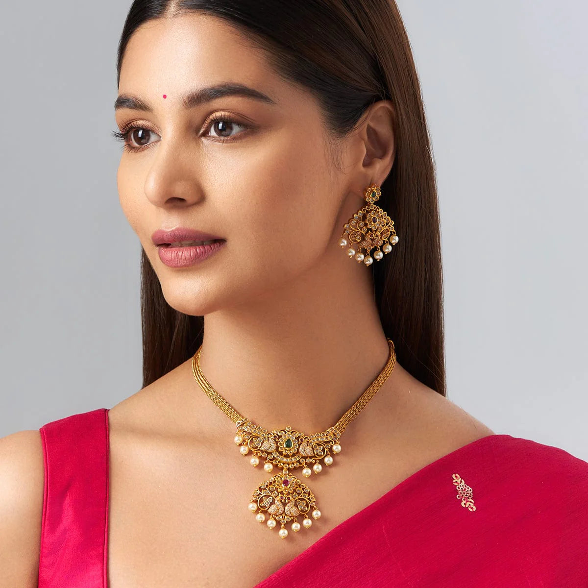 Antique Ruby-green Stone Chain Necklace