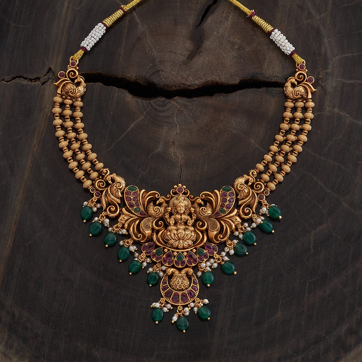 Antique Synthetic Stones & Beads Golden Necklace