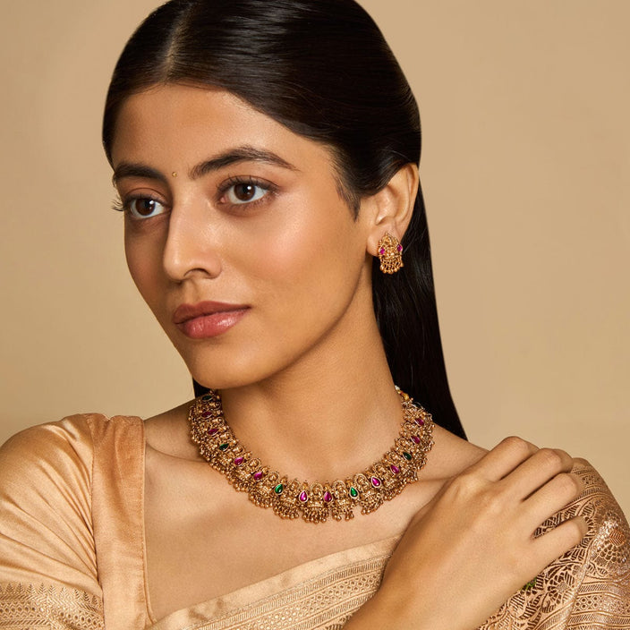 Pink & Green Stone Laxmi Antique Necklace