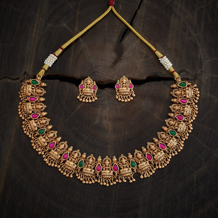 Pink & Green Stone Laxmi Antique Necklace