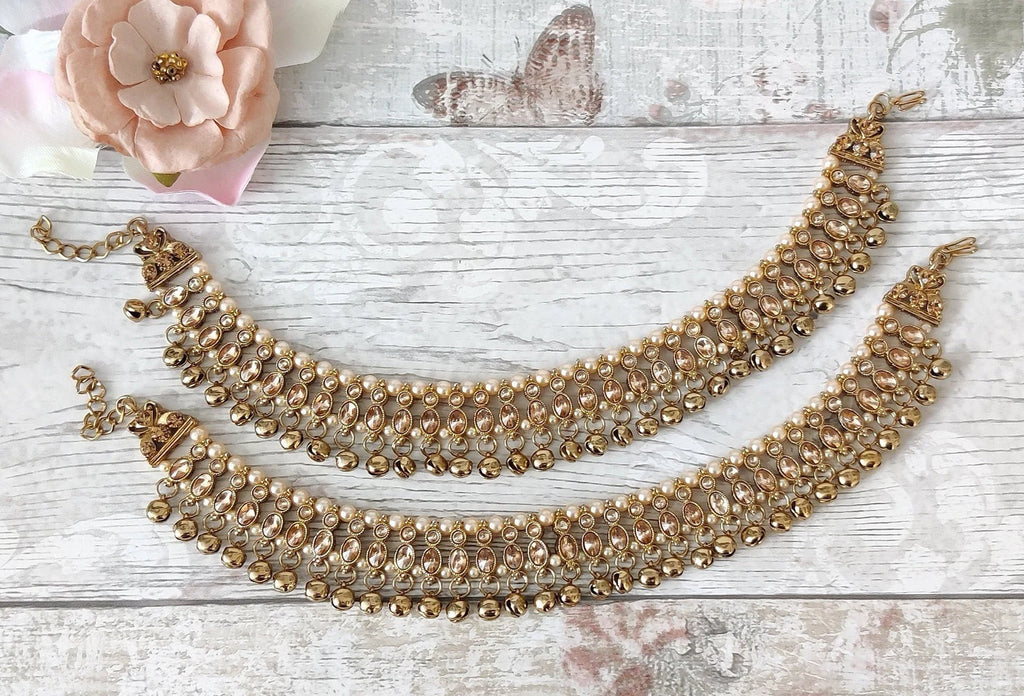 Pair of Antique Gold Kundan Indian Asian Payals Anklets with Bells Bridal Wedding