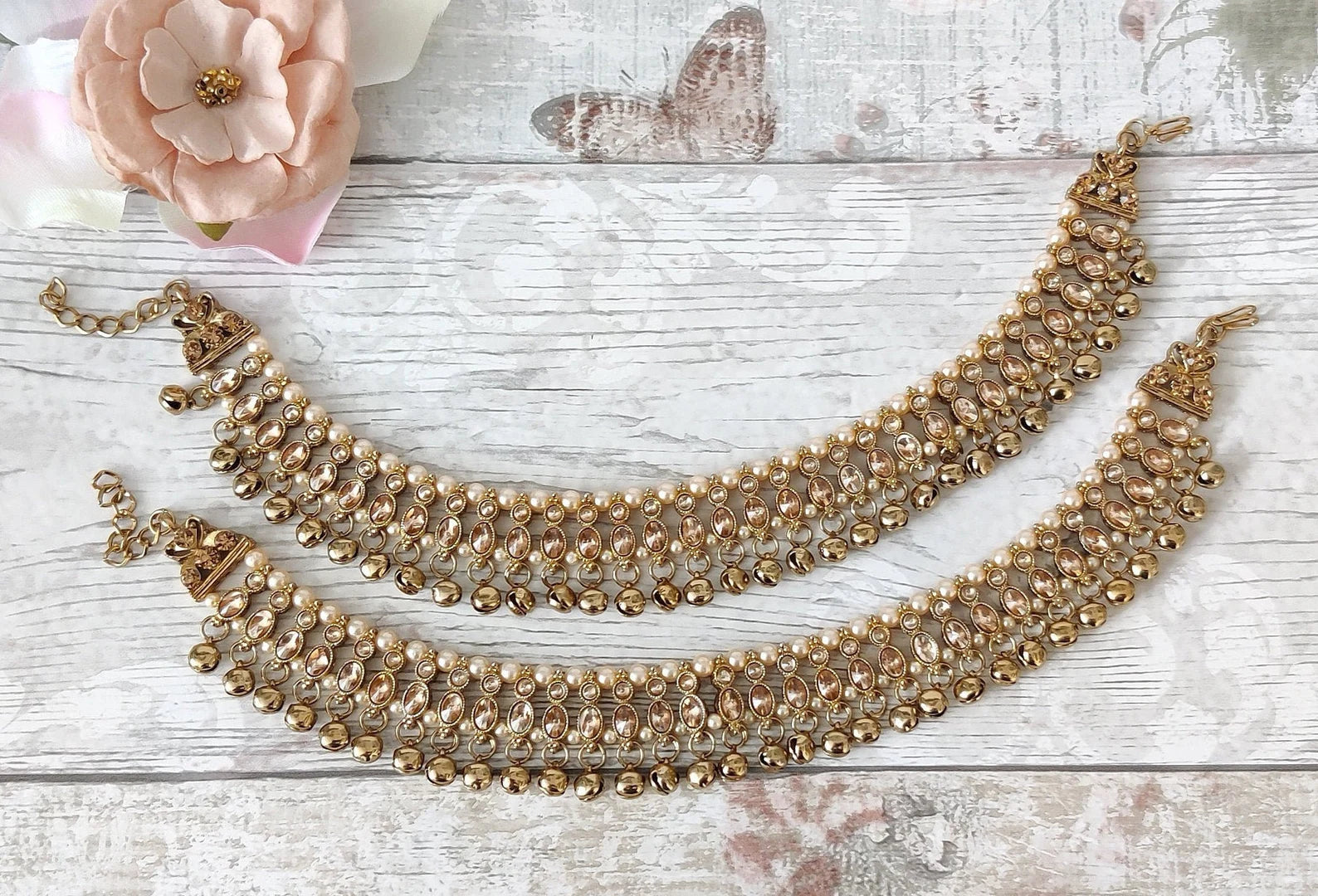 Pair of Antique Gold Kundan Indian Asian Payals Anklets with Bells Bridal Wedding