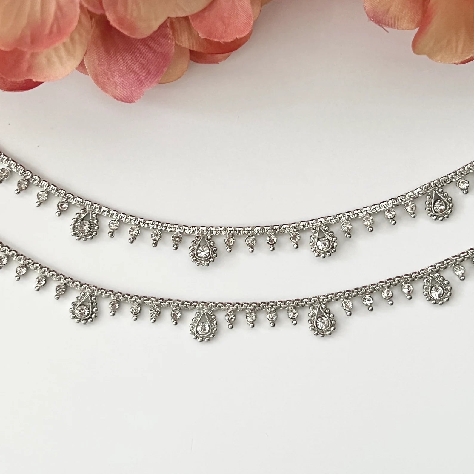 Silver Cubic Zirconia Anklet Payal Pair Diamond Traditional Indian Anklets Temple Anklets