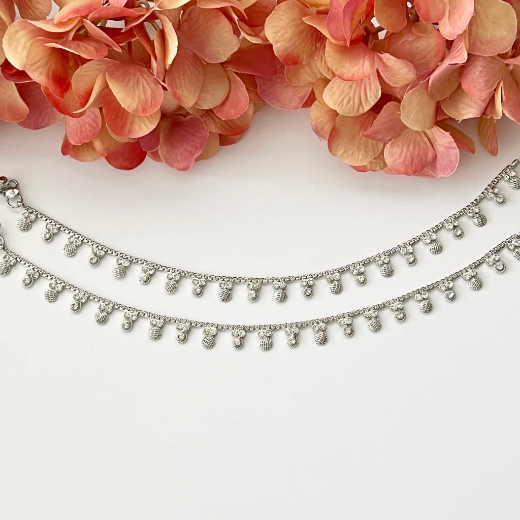 Silver Cubic Zirconia Anklet Payal Pair Diamond Traditional Indian Anklets Temple Anklets Payal Jhanjran Boho Anklets Bollywood Jewelry