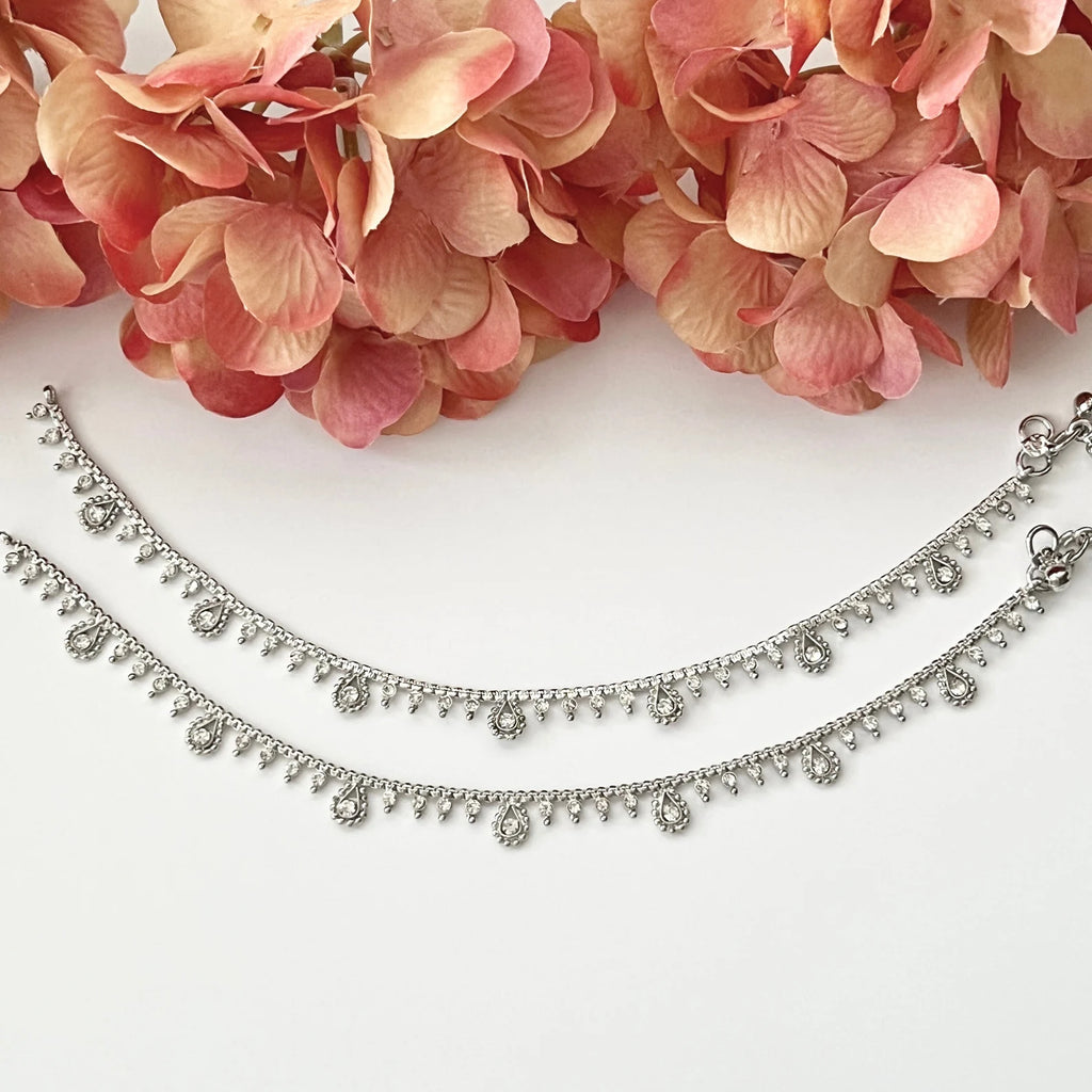 Silver Cubic Zirconia Anklet Payal Pair Diamond Traditional Indian Anklets Temple Anklets