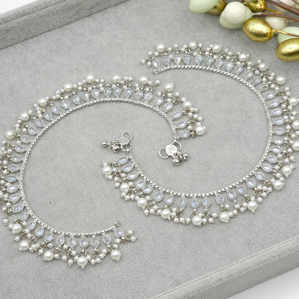 Indian Pakistani Pearl Kundan Bridal Anklet With Bells, Gold Plated Traditional Beaded Bracelet, Dainty Moti Payal, Jewelry Gift For Her