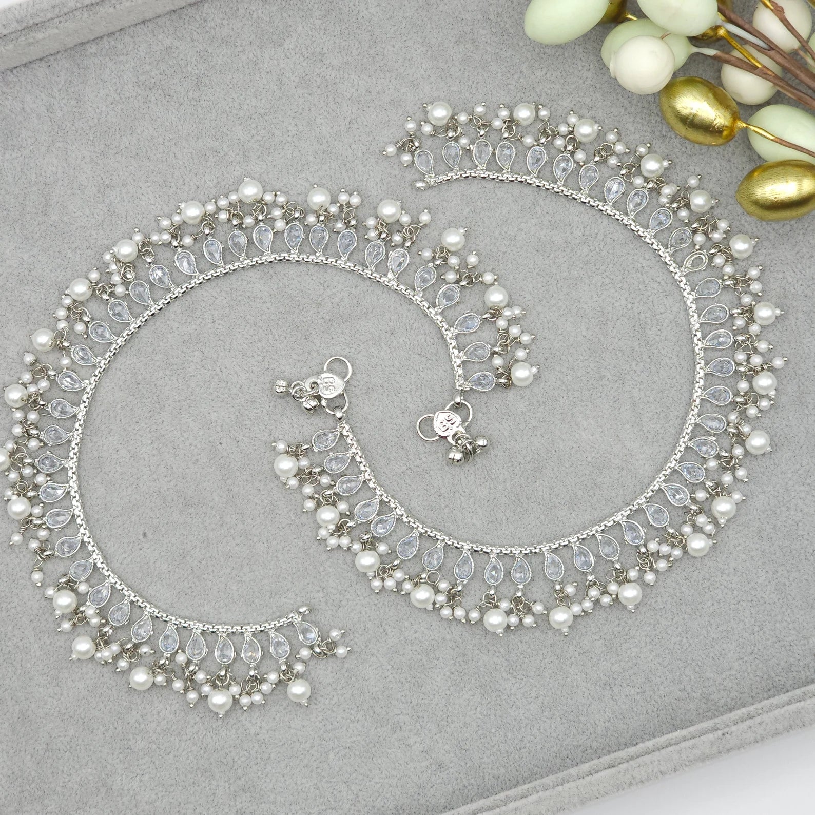 Indian Pakistani Pearl Kundan Bridal Anklet With Bells, Gold Plated Traditional Beaded Bracelet, Dainty Moti Payal, Jewelry Gift For Her