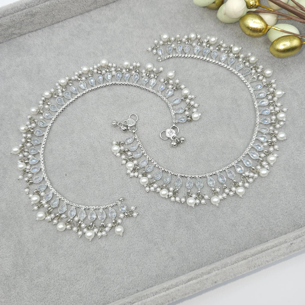 Indian Pakistani Pearl Kundan Bridal Anklet With Bells, Gold Plated Traditional Beaded Bracelet, Dainty Moti Payal, Jewelry Gift For Her