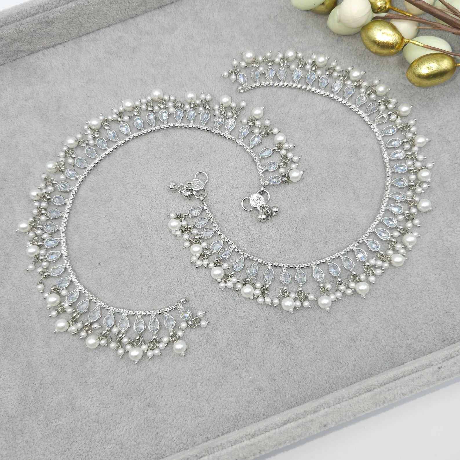 Indian Pakistani Pearl Kundan Bridal Anklet With Bells, Gold Plated Traditional Beaded Bracelet, Dainty Moti Payal, Jewelry Gift For Her