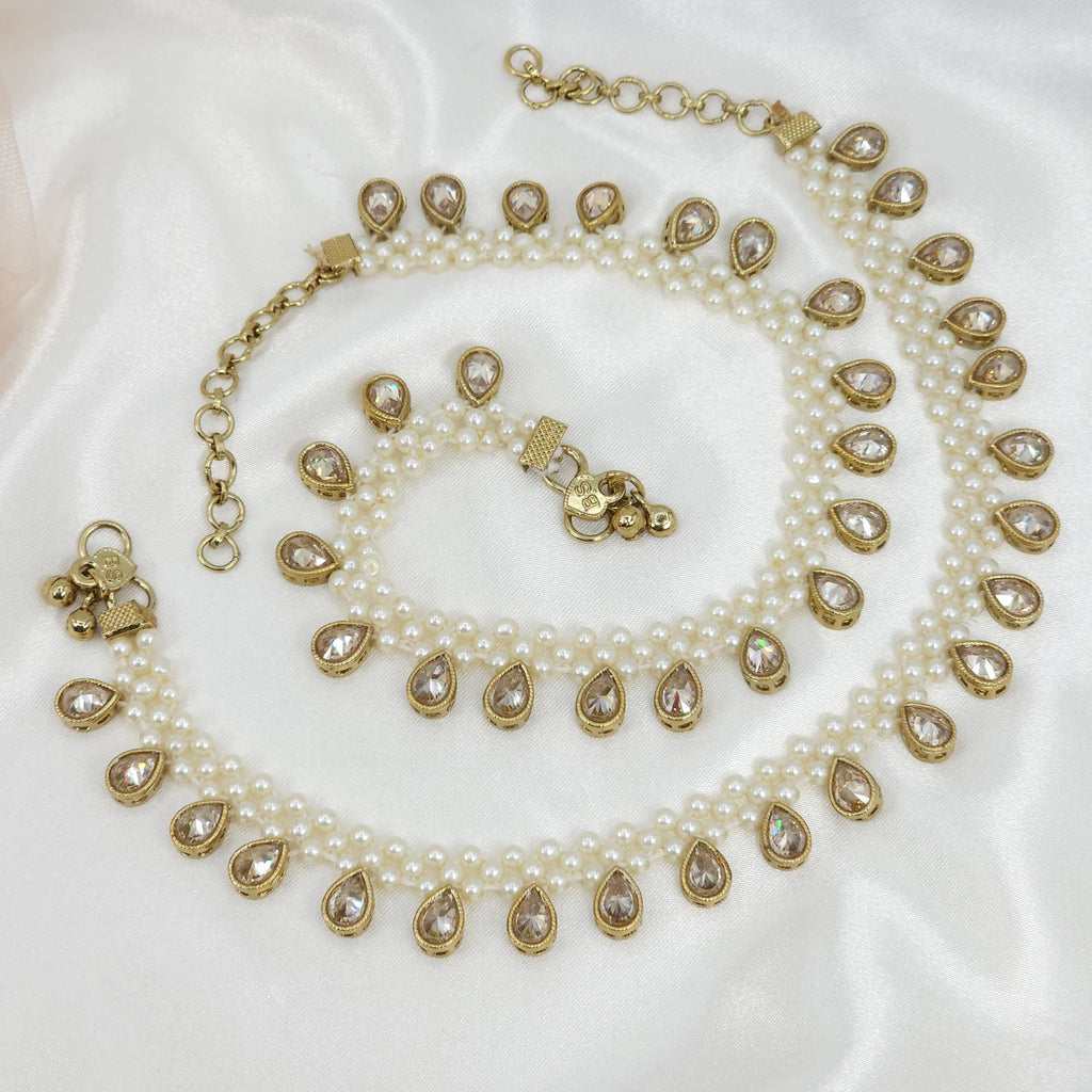 Meera Pair of Antique Gold American diamond Statement Anklets, Jhanjara, Payal, Indian Jewelery, Pakistani Jewellery