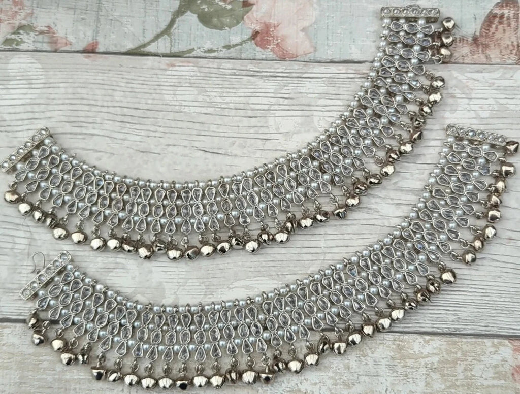 Pair of Full Silver Polki Stone Indian Asian Payals Anklets with Bells Bridal Wedding