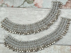 Pair of Full Silver Polki Stone Indian Asian Payals Anklets with Bells Bridal Wedding