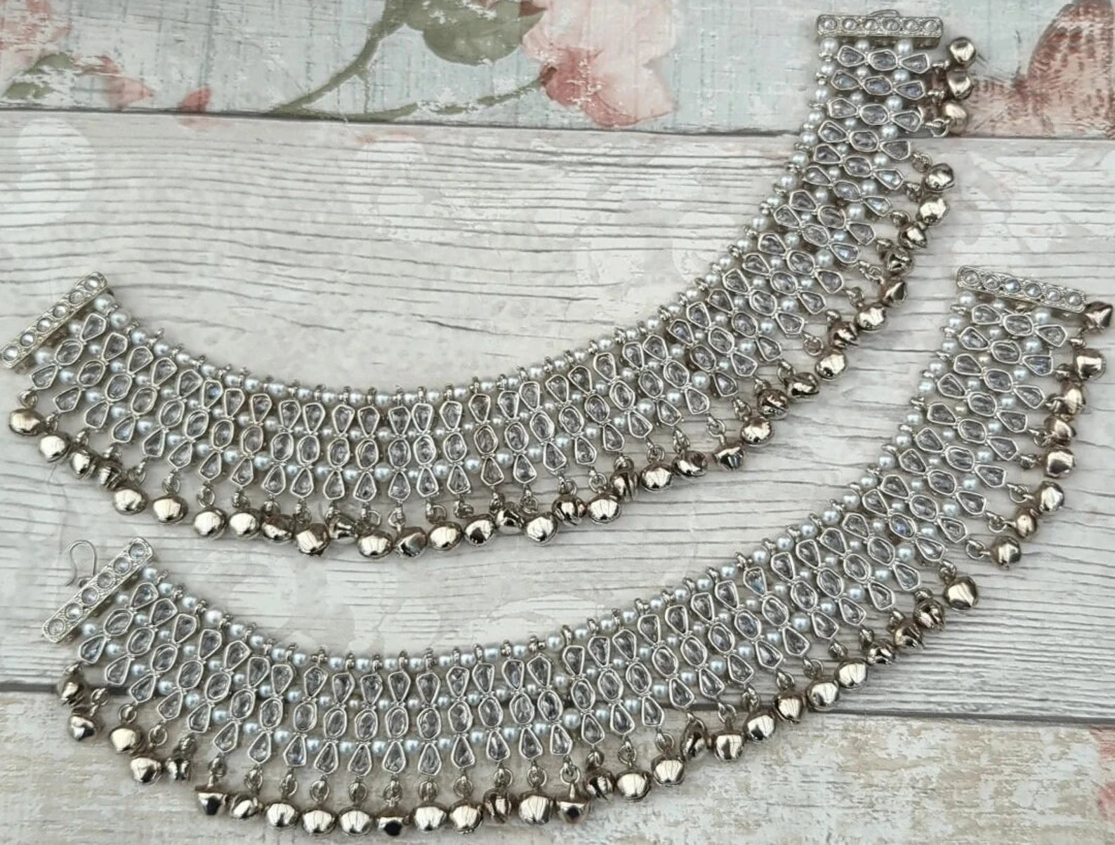 Pair of Full Silver Polki Stone Indian Asian Payals Anklets with Bells Bridal Wedding