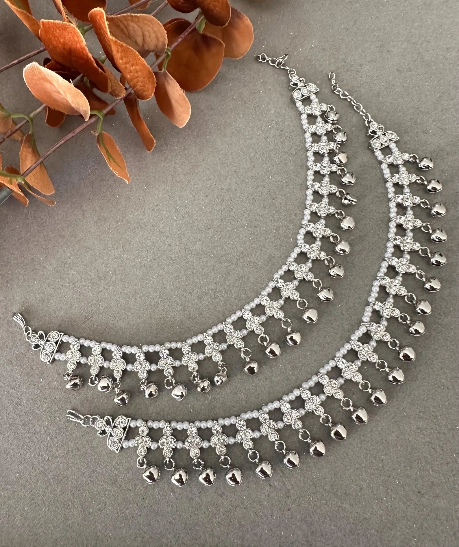 Gg Pretty Silver Imitation Rhinestones Beads Silver JhanjarPayal Bell Ghungru Anklets