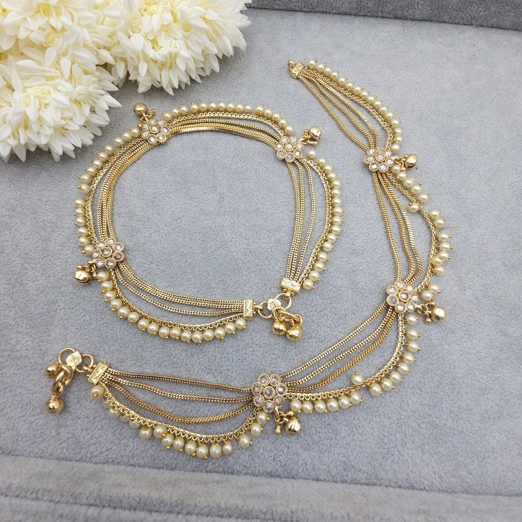 Gold Plated Polki Anklets, Indian Payal, Jhanjar, Traditional Jewelry, Bridal Accessory Wedding Gift, Four Layer Payal, Gift for Her