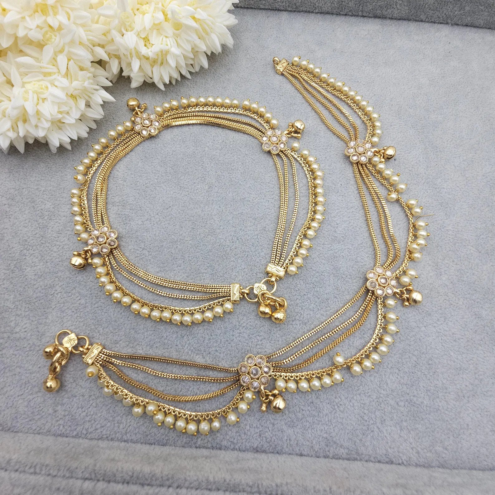 Gold Plated Polki Anklets, Indian Payal, Jhanjar, Traditional Jewelry, Bridal Accessory Wedding Gift, Four Layer Payal, Gift for Her