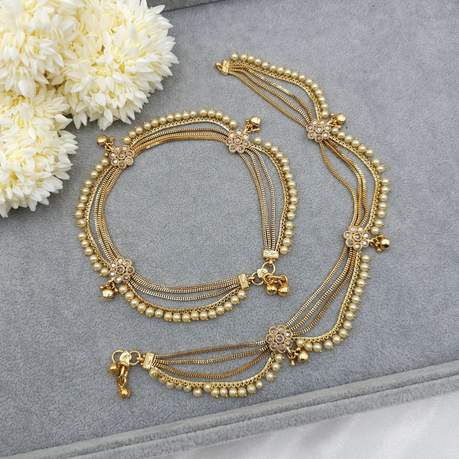 Gold Plated Polki Anklets, Indian Payal, Jhanjar, Traditional Jewelry, Bridal Accessory Wedding Gift, Four Layer Payal, Gift for Her