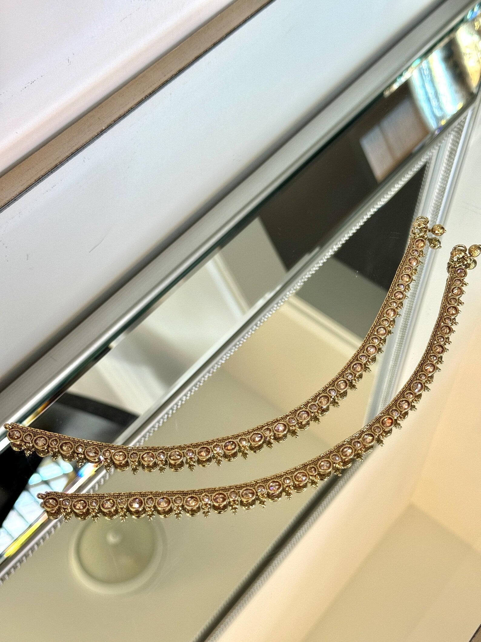 Polki Antique Gold Jhanjar with Bells Gift Set  Gift for Wife, Gold Anklets, Antique Gold Payal, Polki Payal, Sheeshphool, Indian Jewelry