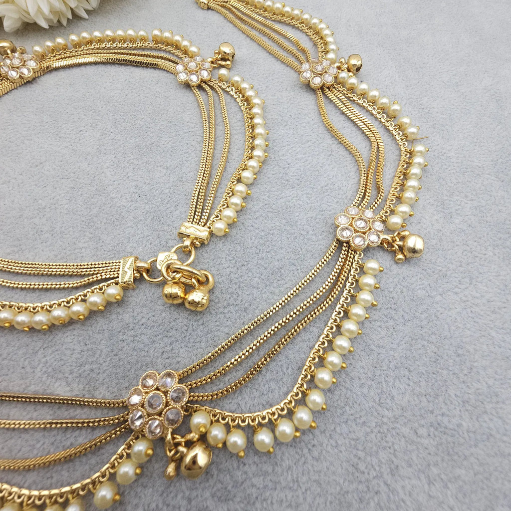 Gold Plated Polki Anklets, Indian Payal, Jhanjar, Traditional Jewelry, Bridal Accessory Wedding Gift, Four Layer Payal, Gift for Her