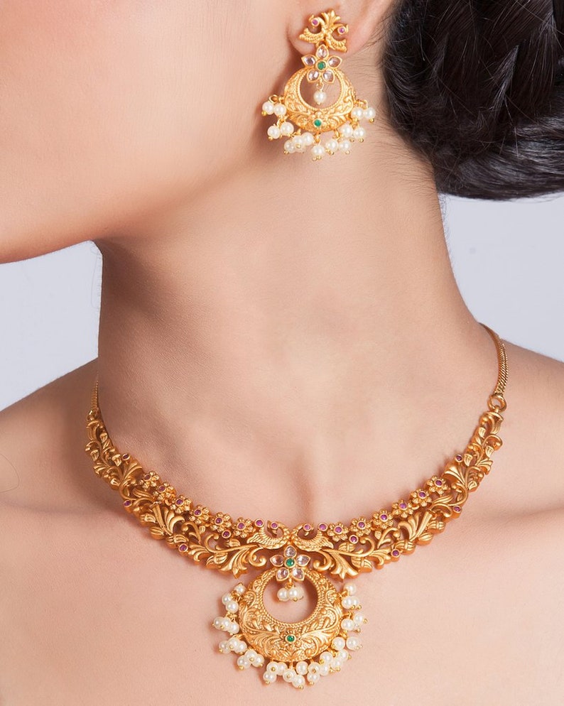 Chahel Antique Gold Plated Short Necklace & Chandbali Earring Indian Jewelry Set