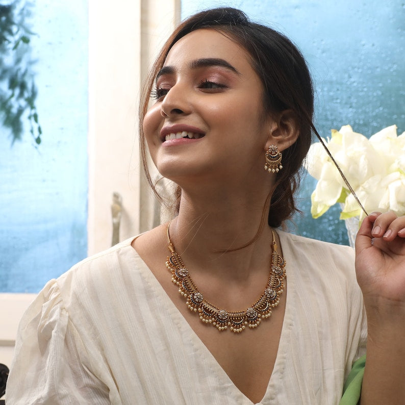 Videni Antique Gold Plated Short Necklace & Drop Earring Indian Jewelry Set