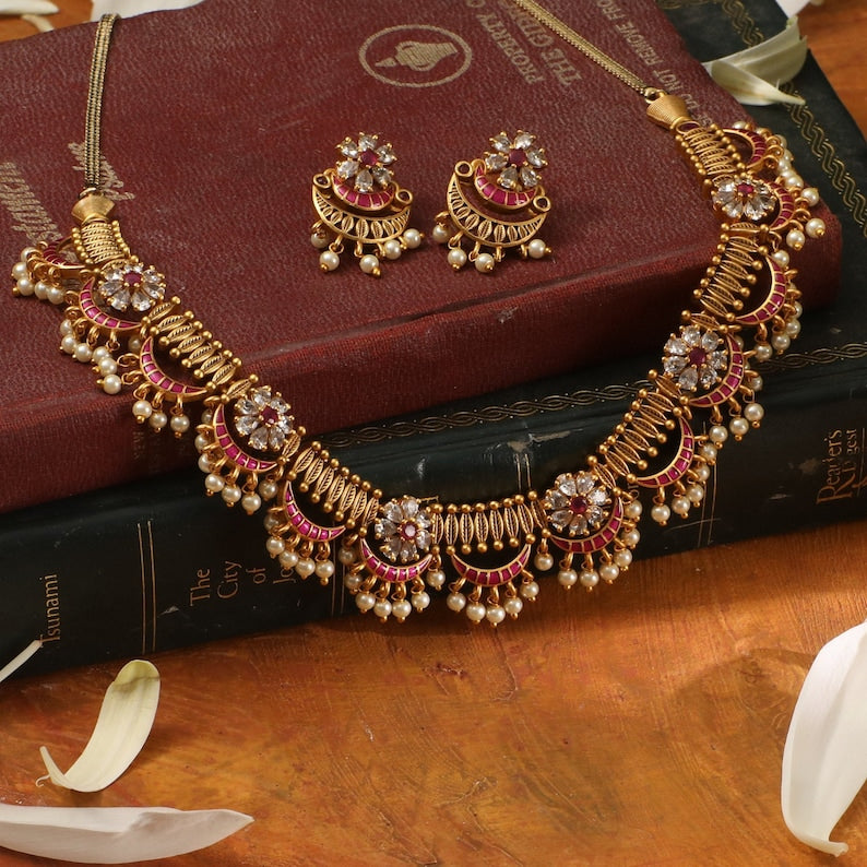 Videni Antique Gold Plated Short Necklace & Drop Earring Indian Jewelry Set