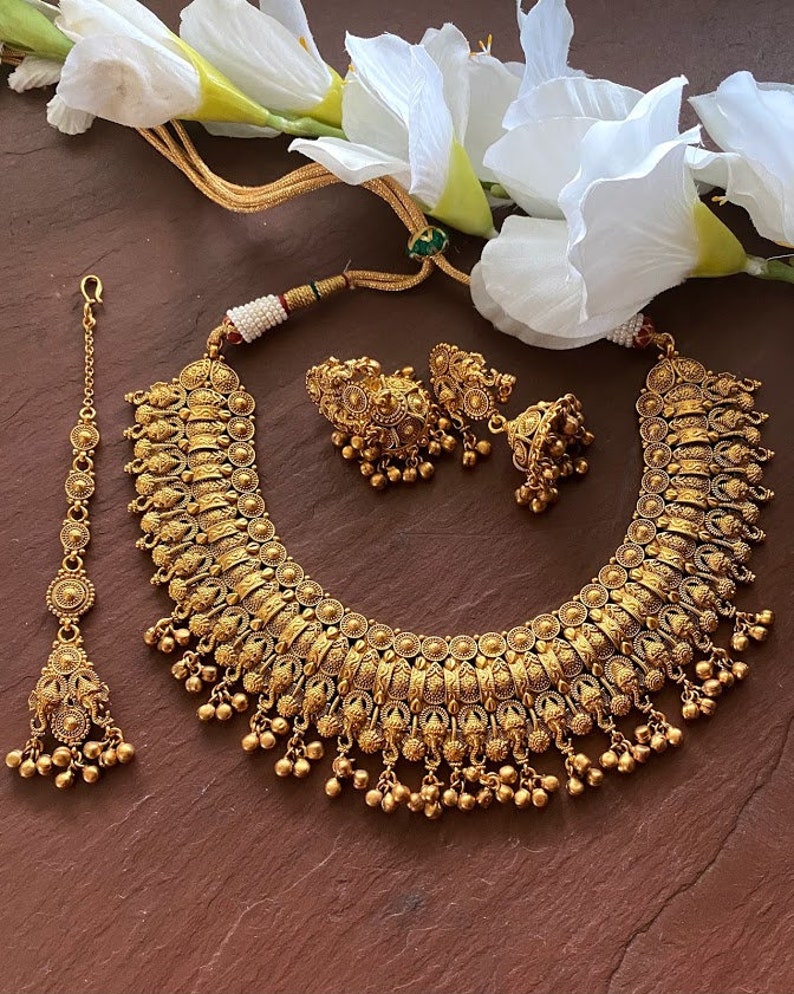 Antique Gold Necklace_indian Choker_south Indian Necklace_ Ganesha Necklace_