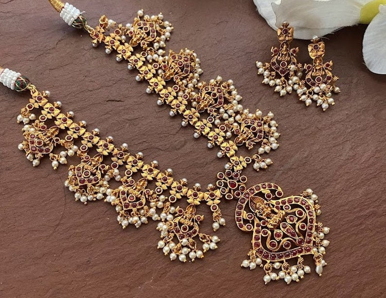 Kemp Choker Necklace_ Guttapusalu Lakshmi Necklace _south Indian Necklace Set_