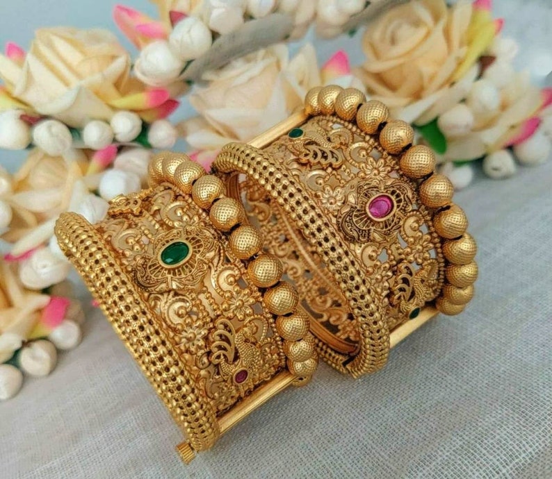 Buy Openable Gold Kada Pair_ Indian Bangles_ Antique Gold Bangles