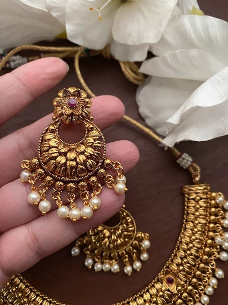 Gold Necklace, Temple Indian Necklace Jewelry, South Indian Choker Necklace Set,