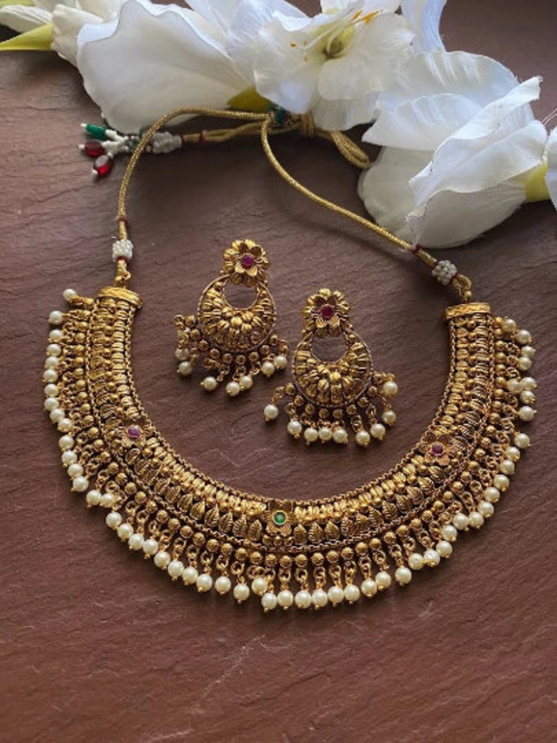 Gold Necklace, Temple Indian Necklace Jewelry, South Indian Choker Necklace Set,