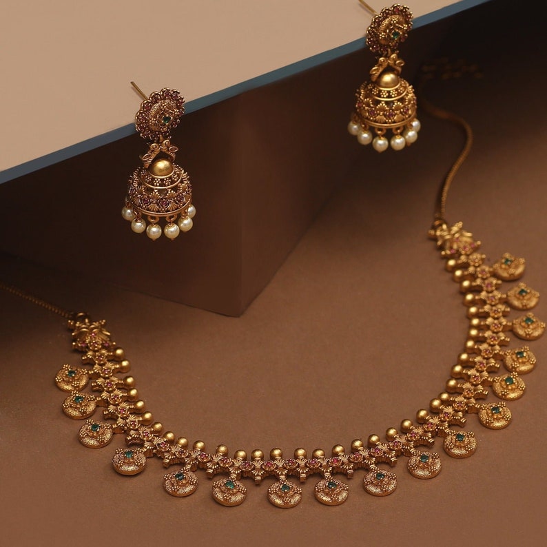 Arpana Antique Gold Plated Short Necklace & Jhumka Earring Indian Jewelry Set