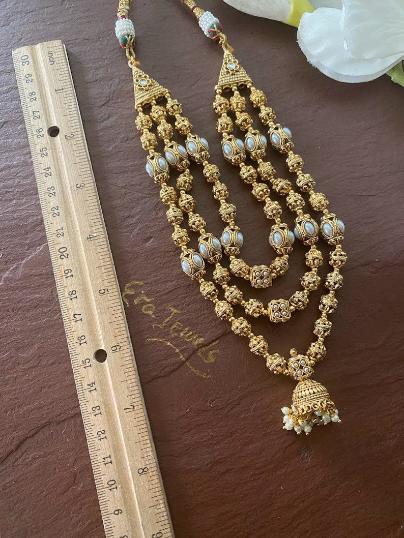 Gold Necklace_3 Layer Indian Necklace _matar Mala_ Gold Ball Necklace_long Gold Necklace_