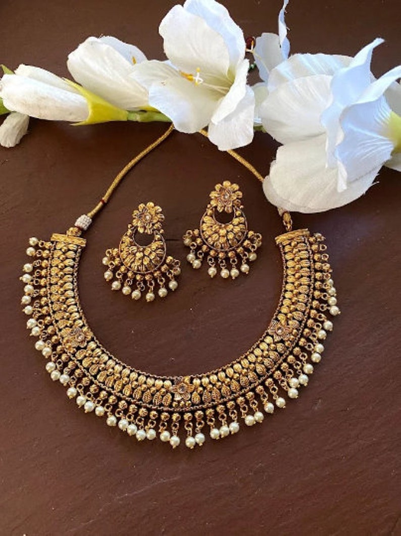 Gold Necklace, Temple Indian Necklace Jewelry, South Indian Choker Necklace Set,
