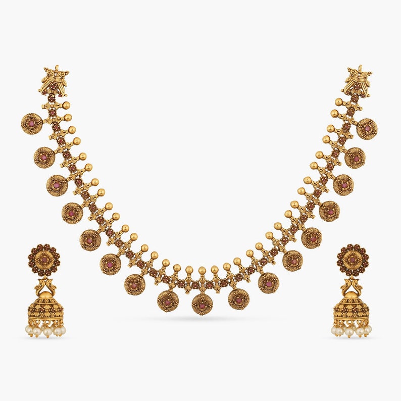 Arpana Antique Gold Plated Short Necklace & Jhumka Earring Indian Jewelry Set