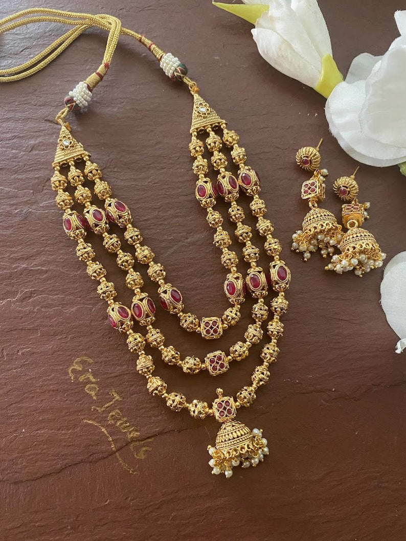 Gold Necklace_3 Layer Indian Necklace _matar Mala_ Gold Ball Necklace_long Gold Necklace_