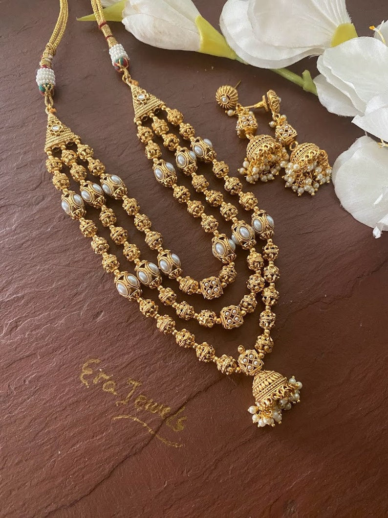 Gold Necklace_3 Layer Indian Necklace _matar Mala_ Gold Ball Necklace_long Gold Necklace_
